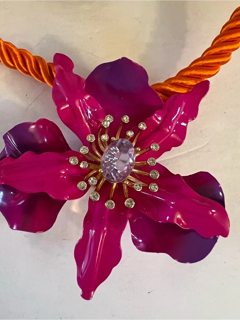 Betsey Johnson Orange Rope Necklace with Hot Pink Floral Pendant - Picture 9 of 16